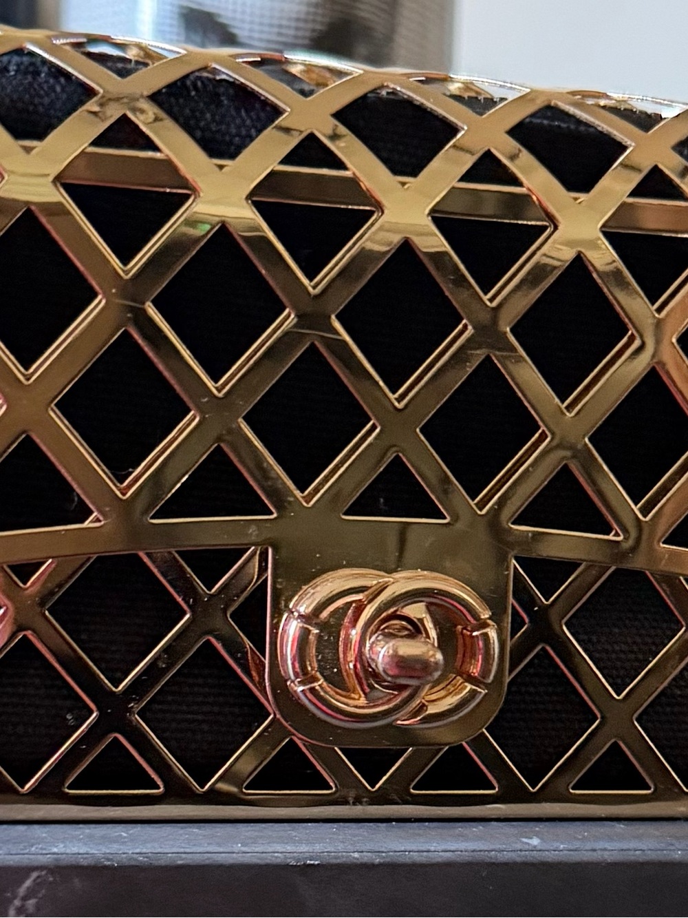 Black and Gold metal cage Crossbody Bag with Turn-Lock Closure